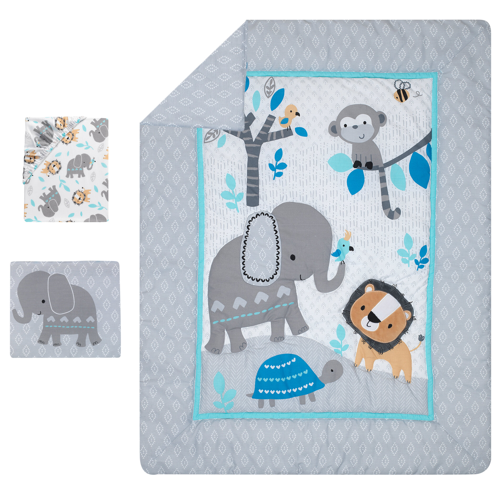 Bedtime Originals Baby Cot 3pc Quilt Set Jungle Fun Animals Elephant Lion 