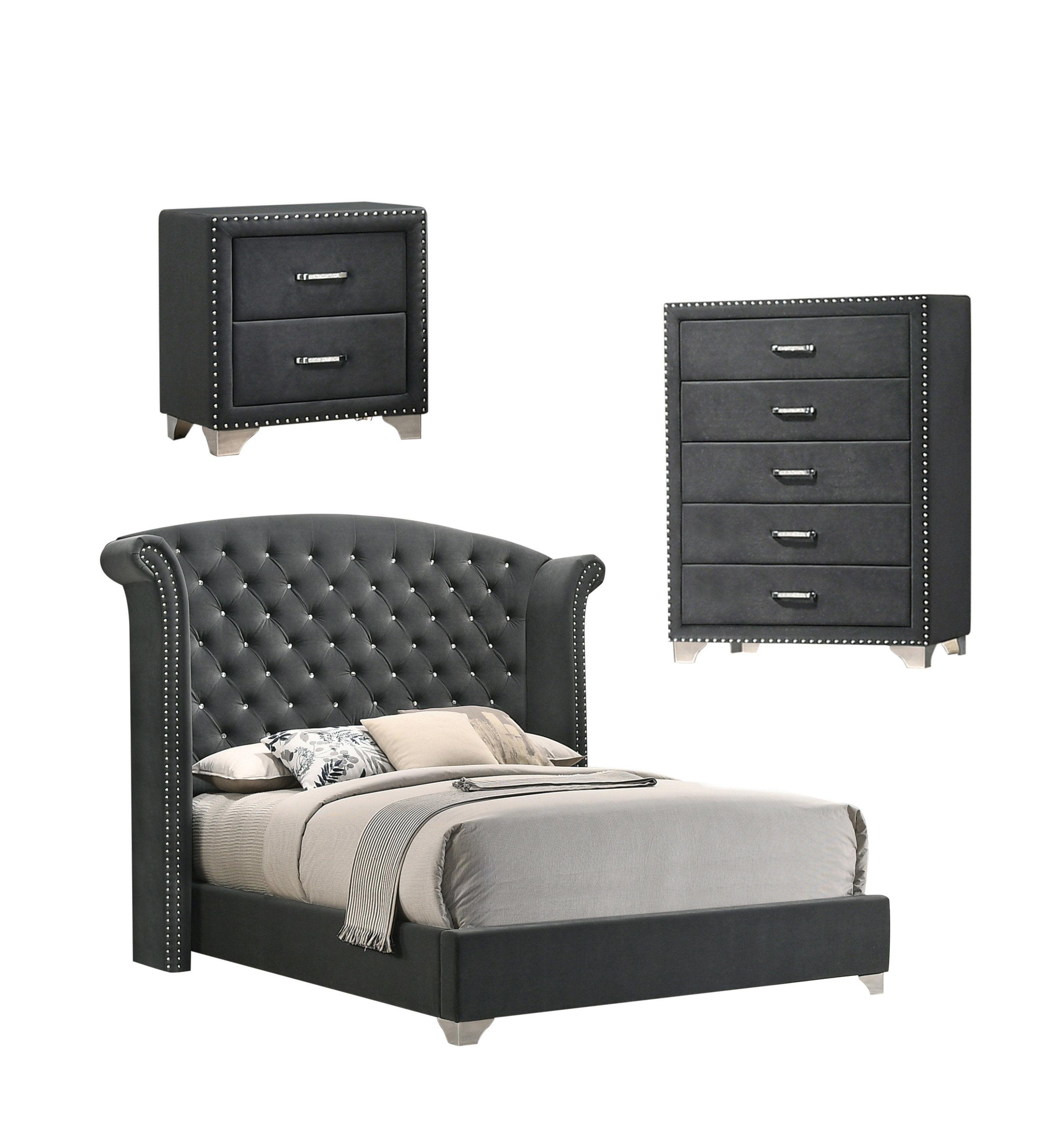 CDecor Home Furnishings Chantel Grey 3-Piece Upholstered Queen Bedroom Set with Chest | Wayfair