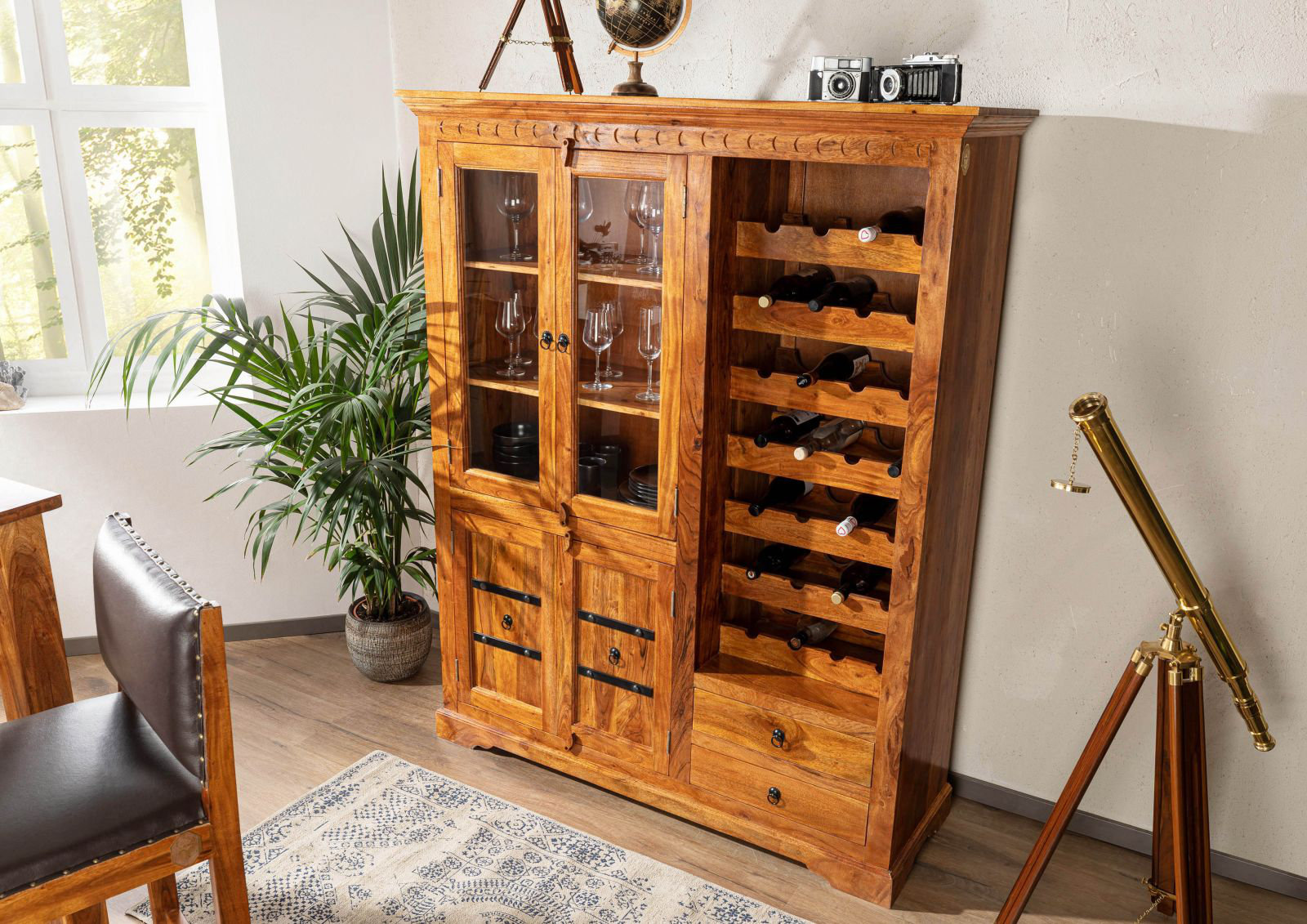 Massivmoebel24 Oxford 28 Bottle Solid Wood Floor Wine Bottle & Glass
