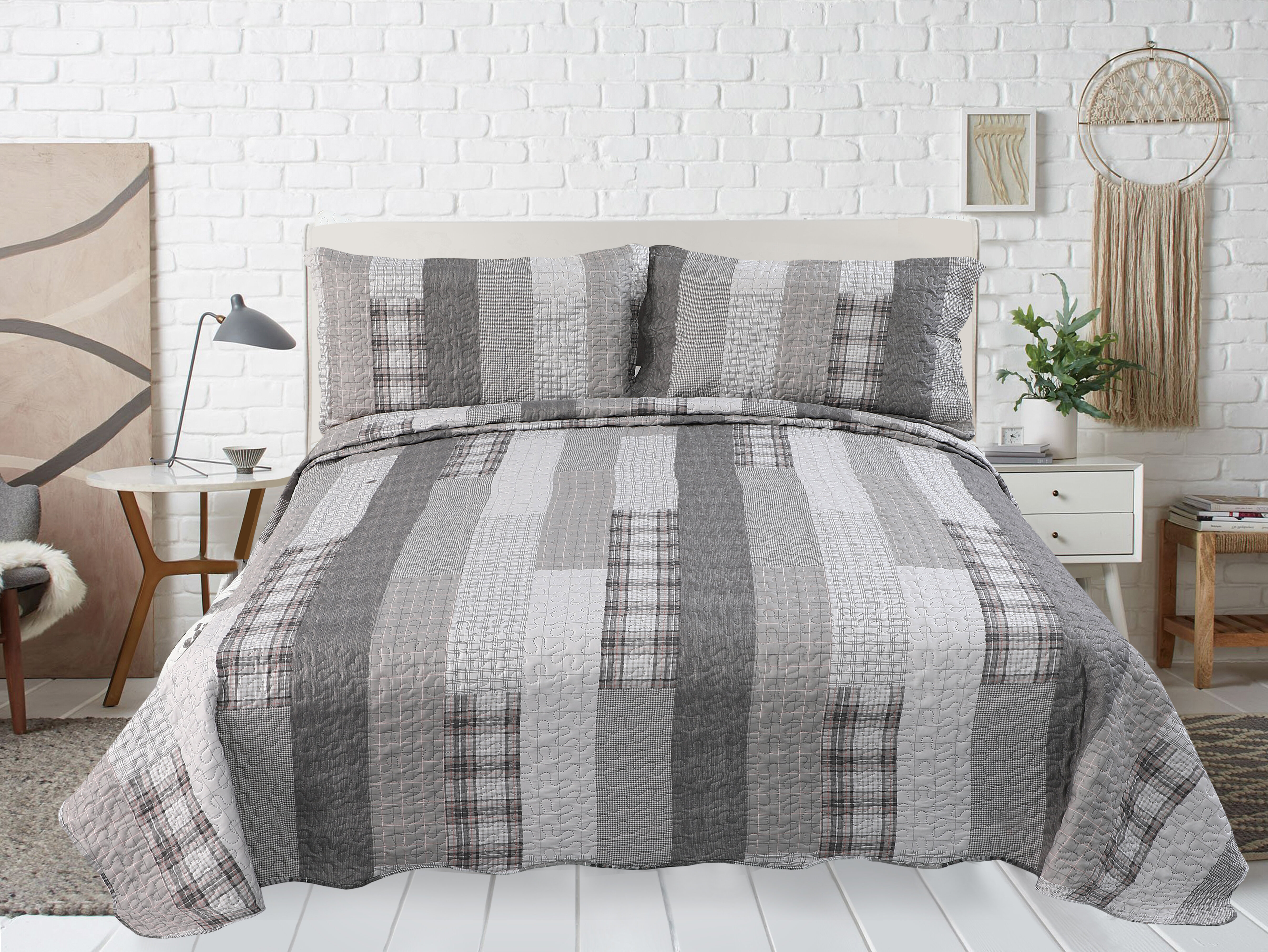 Quilted Checkered Coverlet/Bedspread Set Luxury 100% Microfiber Wrinkle-Free 