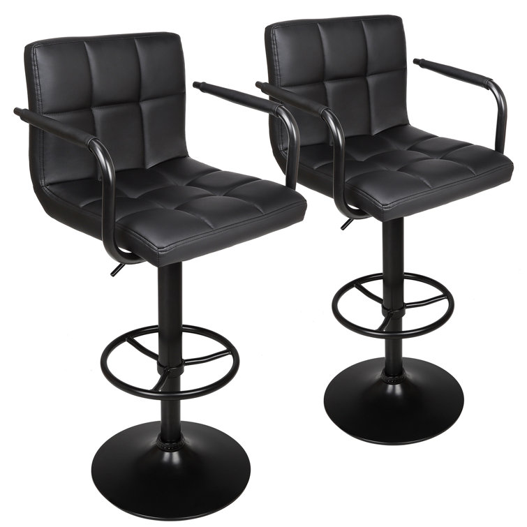 Modern PU Leather With Armrest Adjustable Bar Stools, Set Of 2, Black
