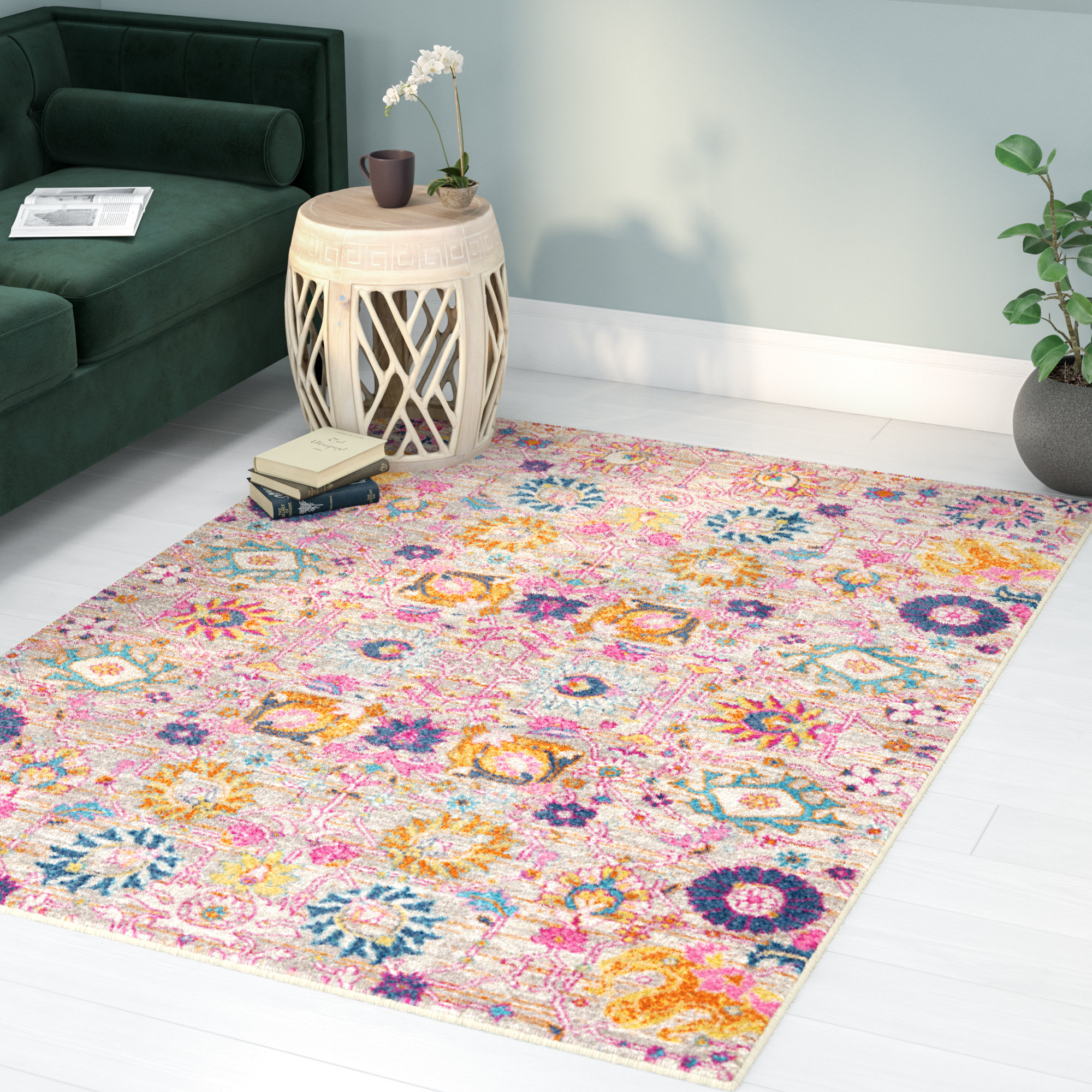 Bungalow Rose Justien Floral Silver/Orange/Pink Area Rug & Reviews ...