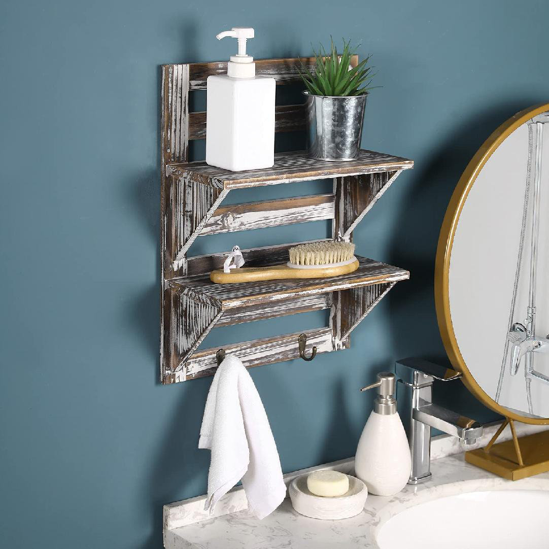 Gracie Oaks WallMounted Shelf Rack With Key Hooks, Torched Wood