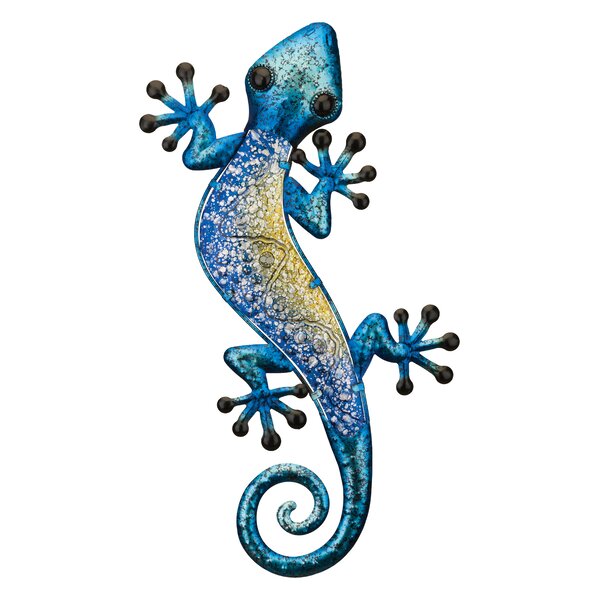 Large Blue Gold Gecko Metal Wall Art Glass Body Lizard Wall Decor 18" 