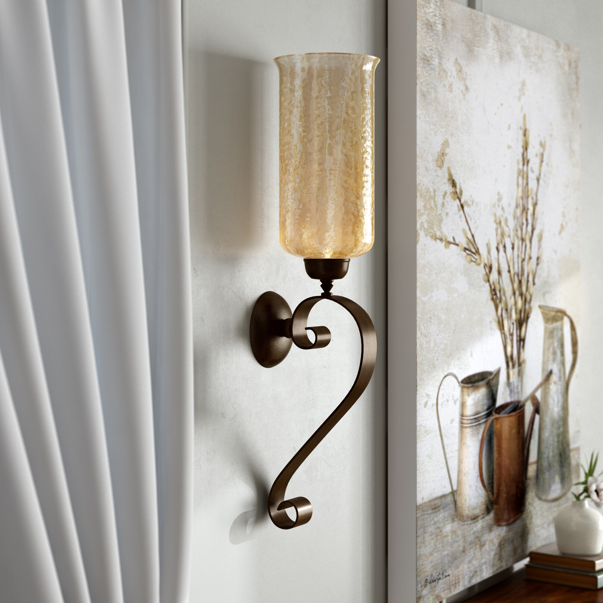 NEW 30" AGED BRONZE HAND FORGED METAL GLASS WALL SCONCE CANDLE HOLDER TUSCAN 