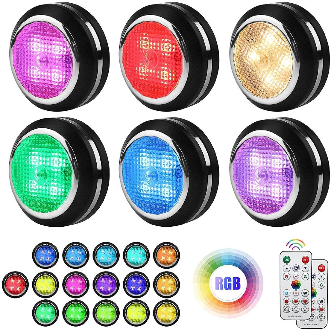 RGB 12 Colors Wireless LED Puck Lights Closet Under Cabinet Lighting w/ Remote 
