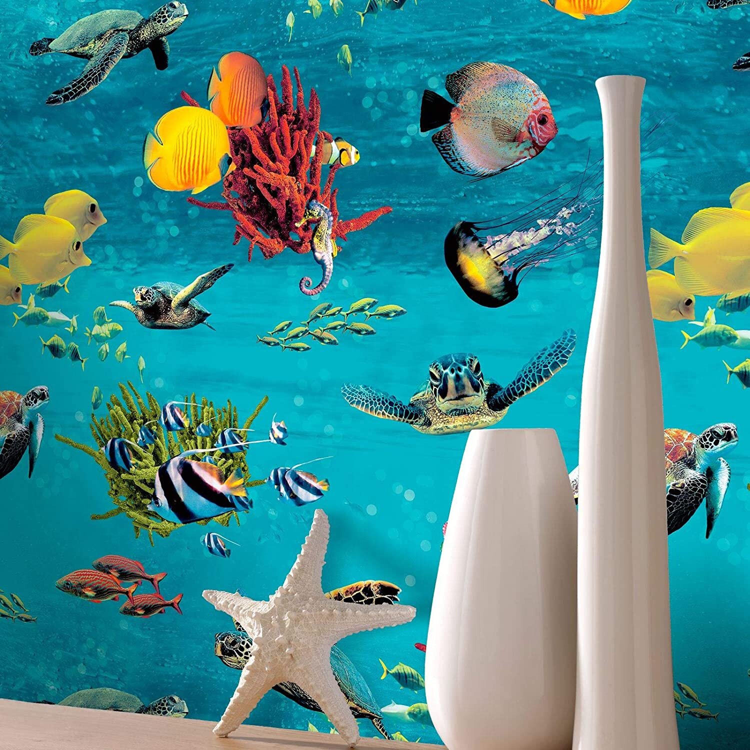 House of Hampton Tropical Ocean Fish And Turtles Sealife Theme Wallpaper -  Blue - 310405 