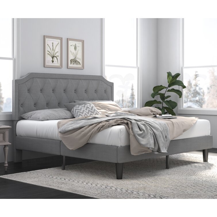 Gray Full Size Platform Bed Frame Upholstered Headboard Tufted Beds Wood Frame 
