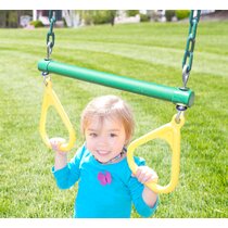 Yellow Trapeze Swing Bar with Rings Outdoor Swing Set Playground Accessories for Kids Locking Straps Wooden Trapeze Swing Bar with Plastic Gym Rings Adjustable Rope 