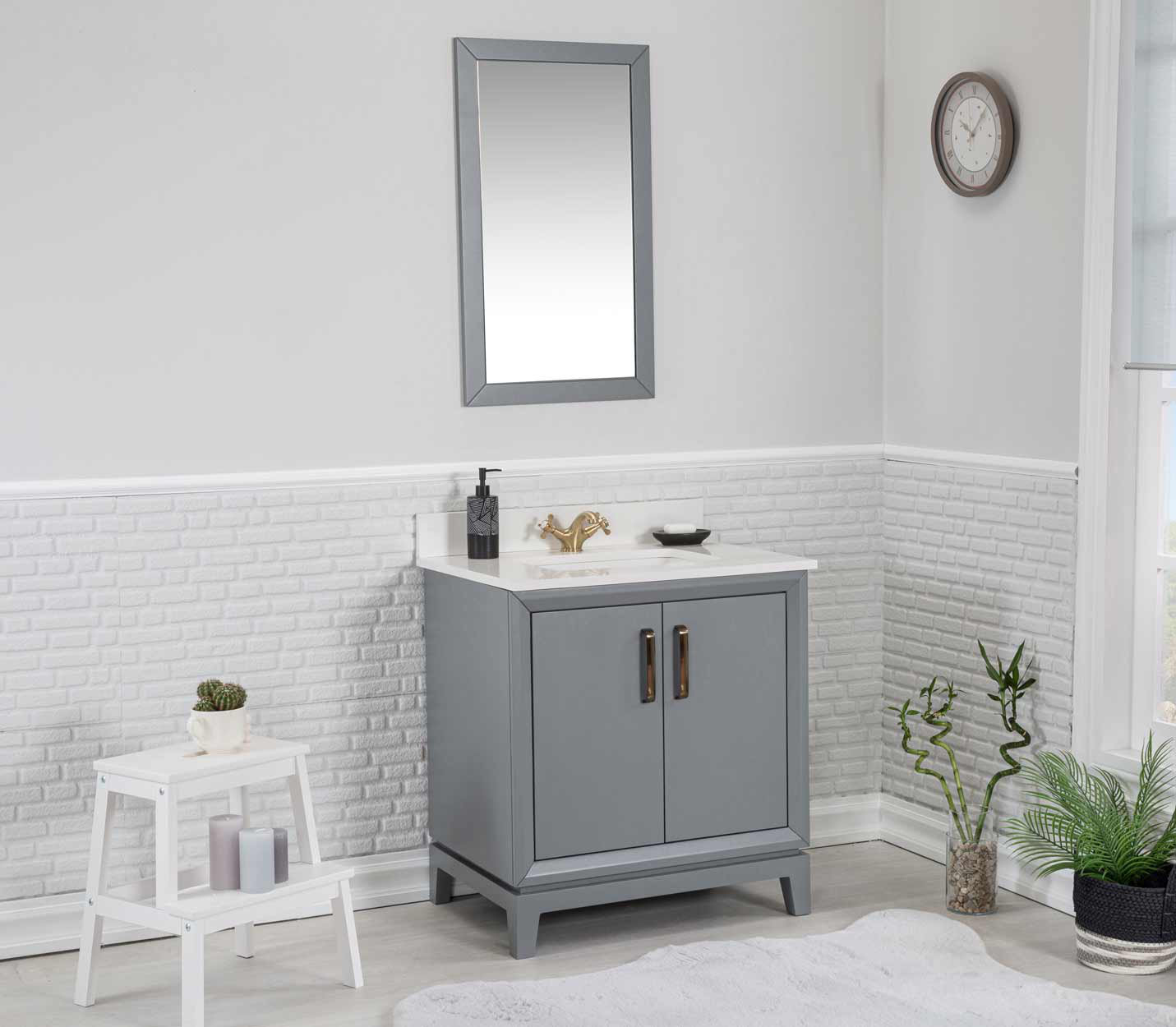 Adorn Vanity Fabia 30'' Freestanding Single Bathroom Vanity with Quartz Vanity Top & Mirror
