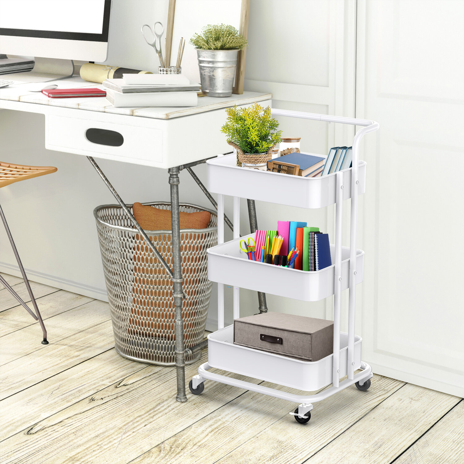 3-Tier Utility Rolling Cart with Large Storage and Metal Wheels for Office,Kitchen,Bedroom,Bathroom,Black,Pink,White 130839 