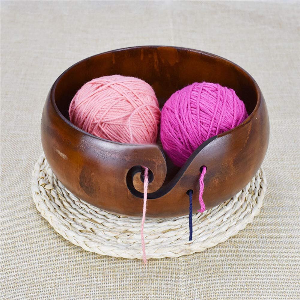 Drilled Holes Knitting Yarn Bowl Organizer Knit Tools Holder W/ Spiral Cutout 