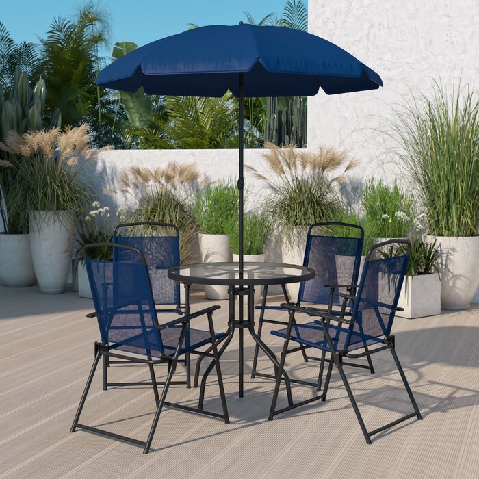 Wade Logan 6-Piece Amlie Nantucket Set with Table, Umbrella and 4 Folding Chairs (Blue)