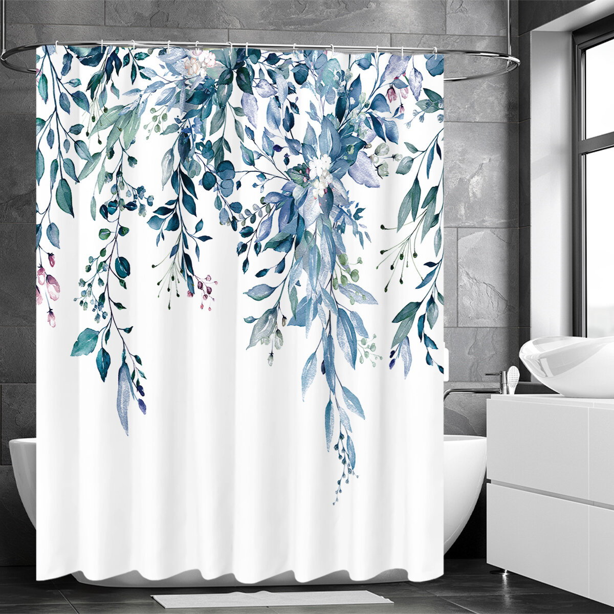 Dewdrop Red Flower Shower Curtain Bathroom Waterproof Polyester Fabric Hooks Set 