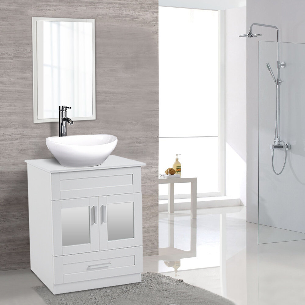 24" Single Bathroom Vanity Cabinet Wood Set Ceramic White Vessel Sink Combo 