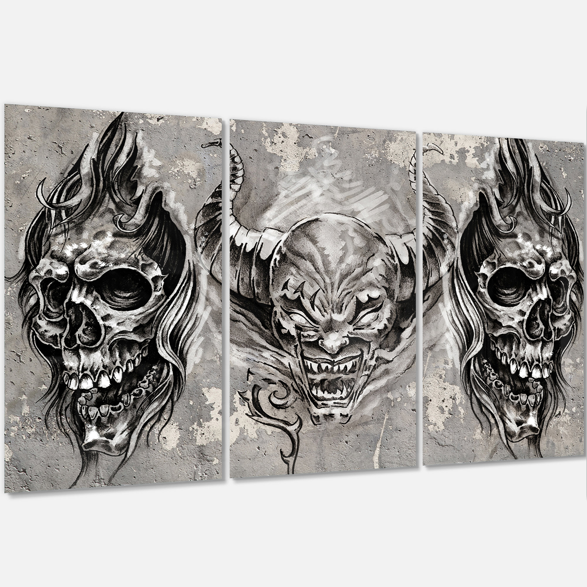 East Urban Home 3 Demons Tattoo Sketch - 3 Piece Unframed Painting on Metal  | Wayfair