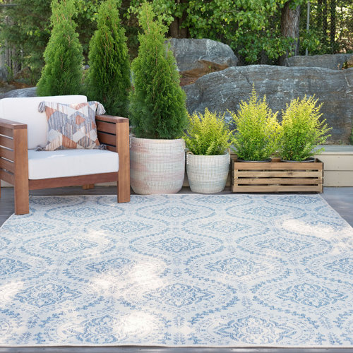 Bungalow Rose Damask Cream/Blue Indoor / Outdoor Area Rug & Reviews ...