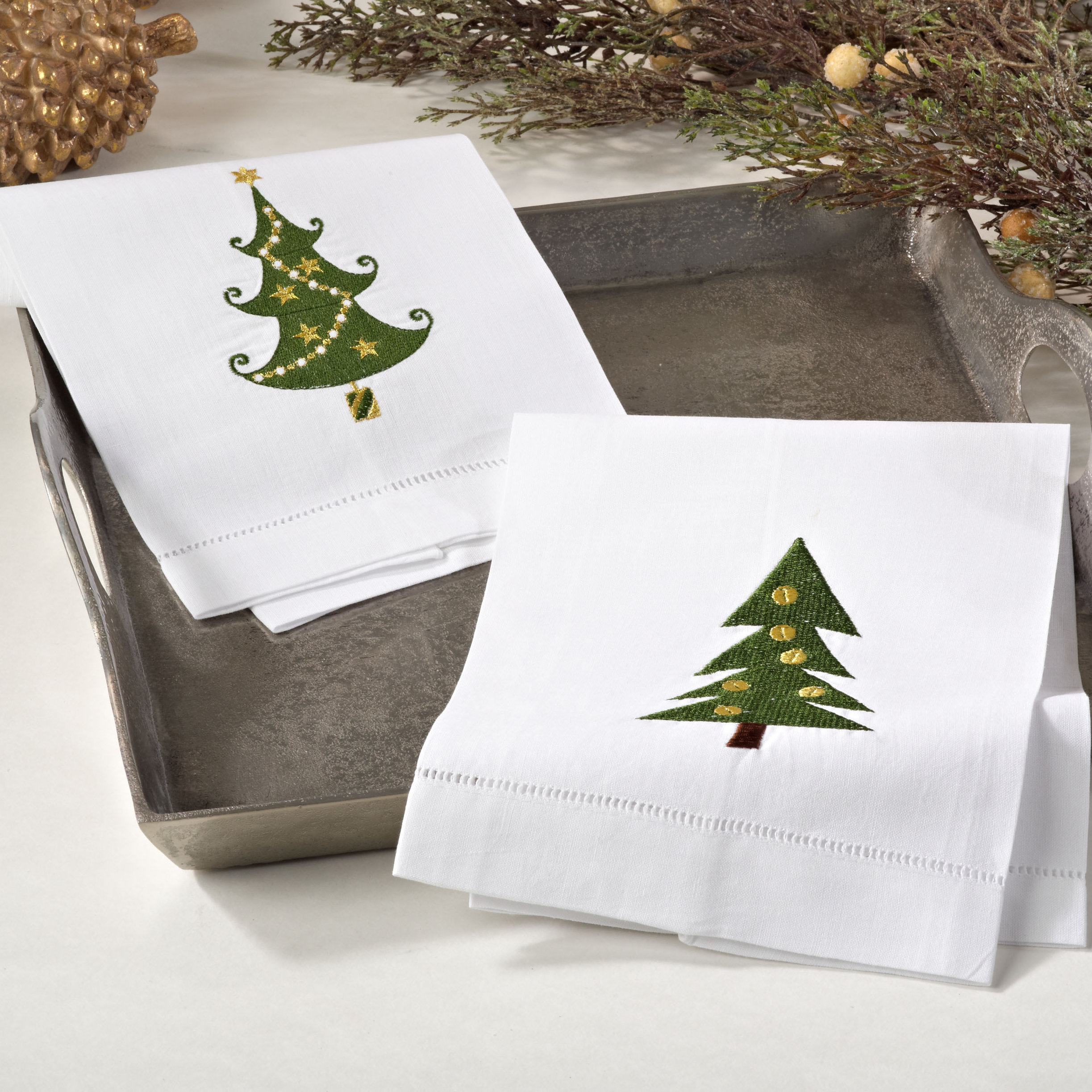 The Holiday Aisle® Christmas Tree Embroidery Design Holiday Hemstitched  Linen Cotton Guest Hand Towel | Wayfair
