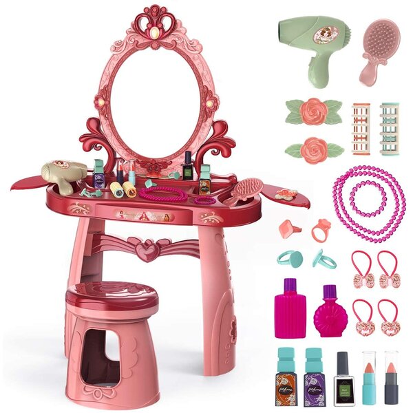 Girls 2-in-1 Princess Pretend Play Vanity Set w/ Table Working Piano Beauty Set 