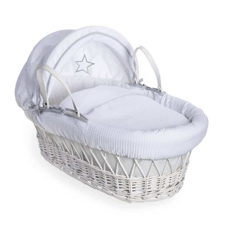 Little Star Grey Palm Moses Basket with Folding Stand White Adjustable Hood Fibre Mattress & Padded Liner 