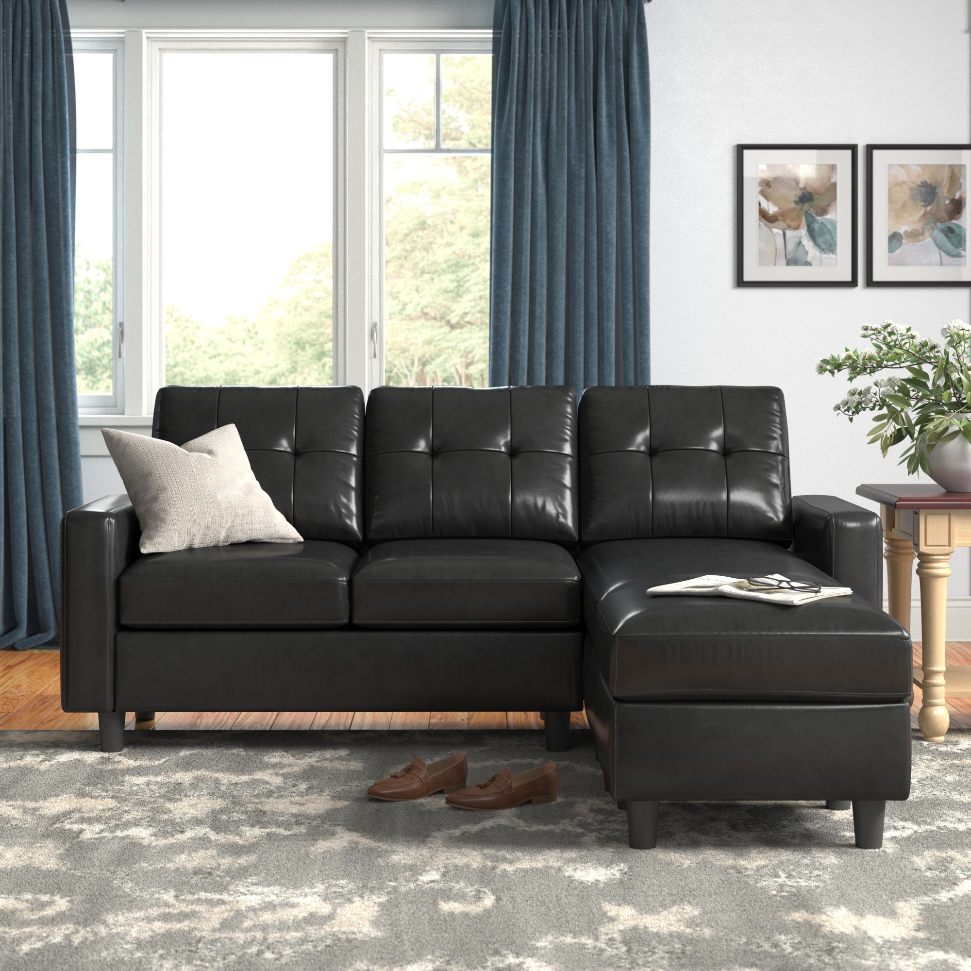 Andover Mills™ Campbelltown 78.5" Wide Faux Leather Reversible Sofa & Chaise with Ottoman