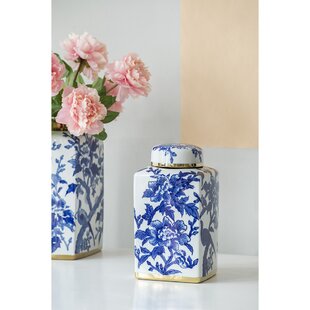 Blue and White Porcelain Floral Feather Style Ginger Jar 12" 