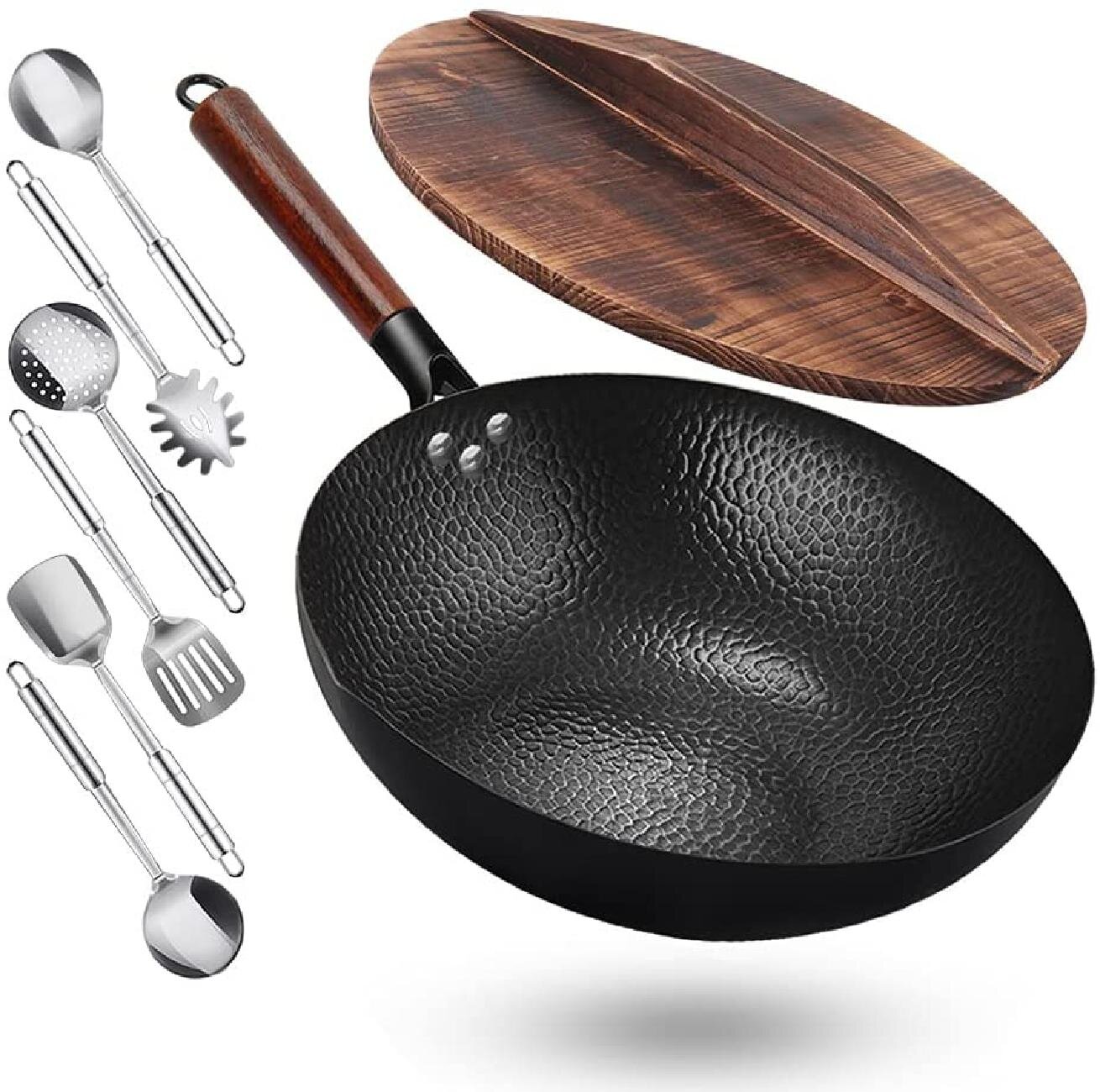 13 WOK Flat Bottom Carbon Steel with Stainless Steel Ladle and Turner 