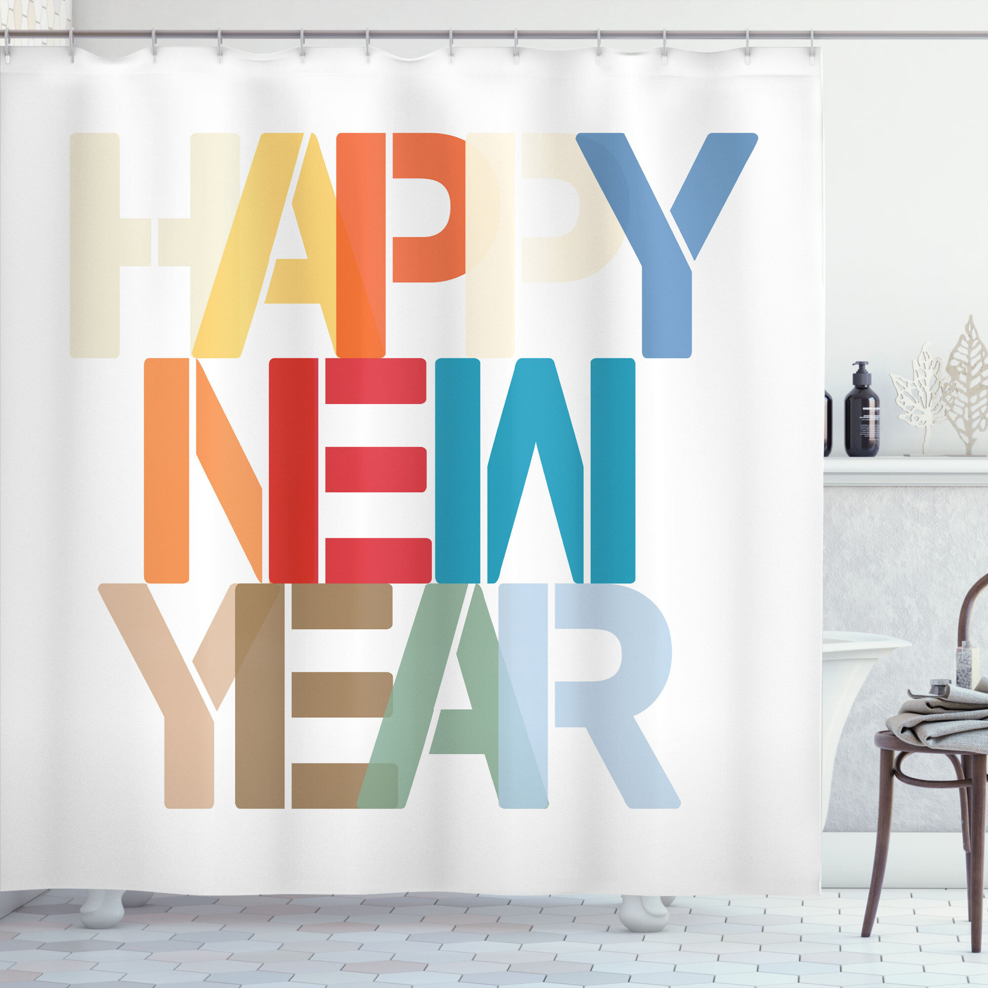 Happy New Year Celebration Firework Fabric Shower Curtain Set Bathroom Decor 