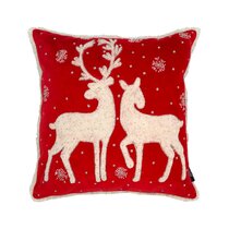 Christmas Reindeer Mistletoe Velvet Cream Green Piped 18” Feather Filled Cushion 