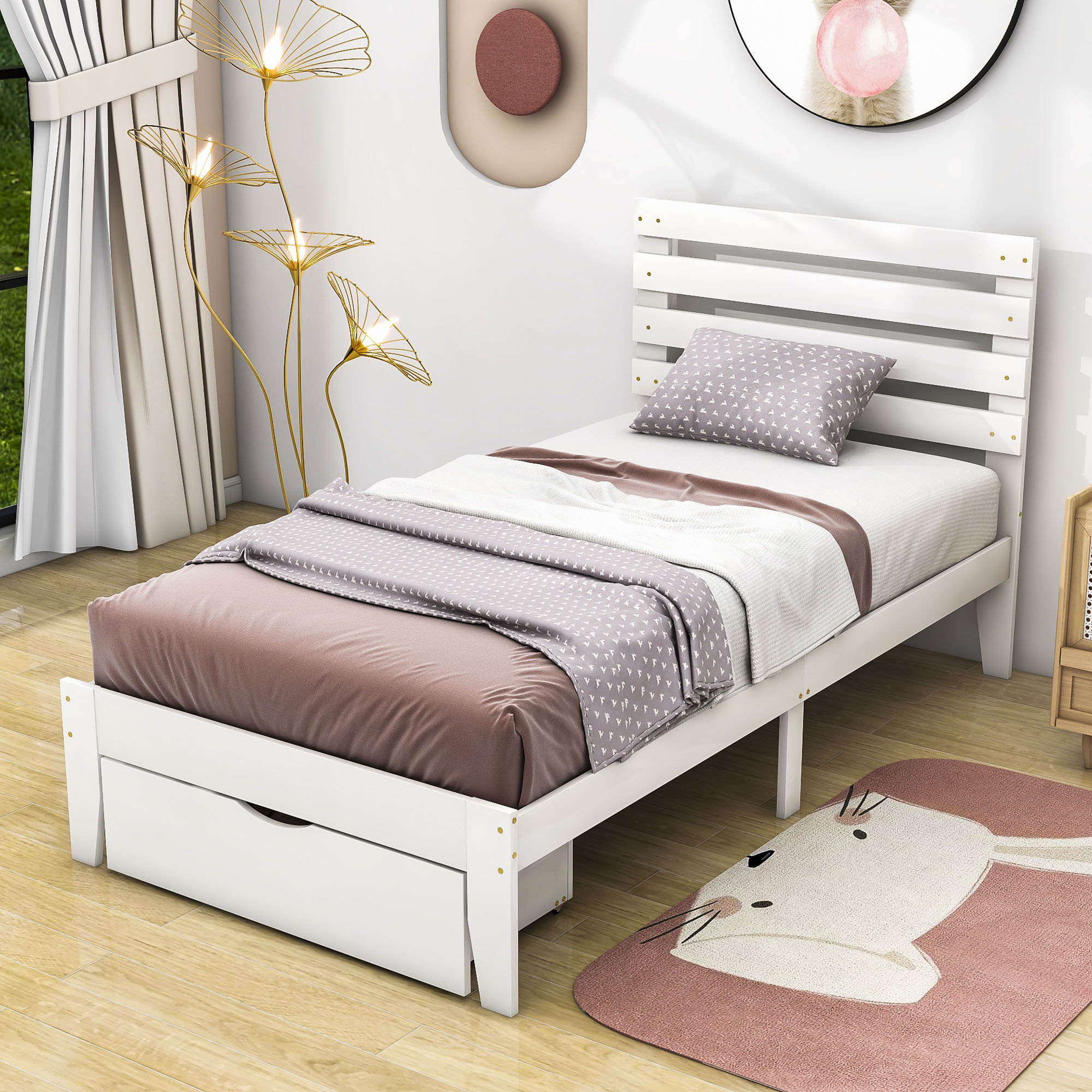 Harriet Bee Emsal Twin Size Wood Platform Bed with Drawer | Wayfair