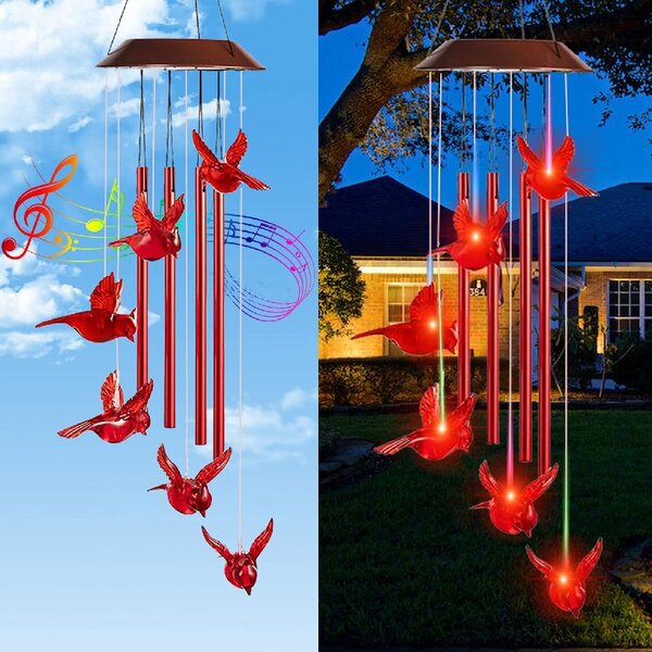 Solar Lighted Sparkling Christmas Cardinal Porch Yard Dangler Wind Chime Decor 