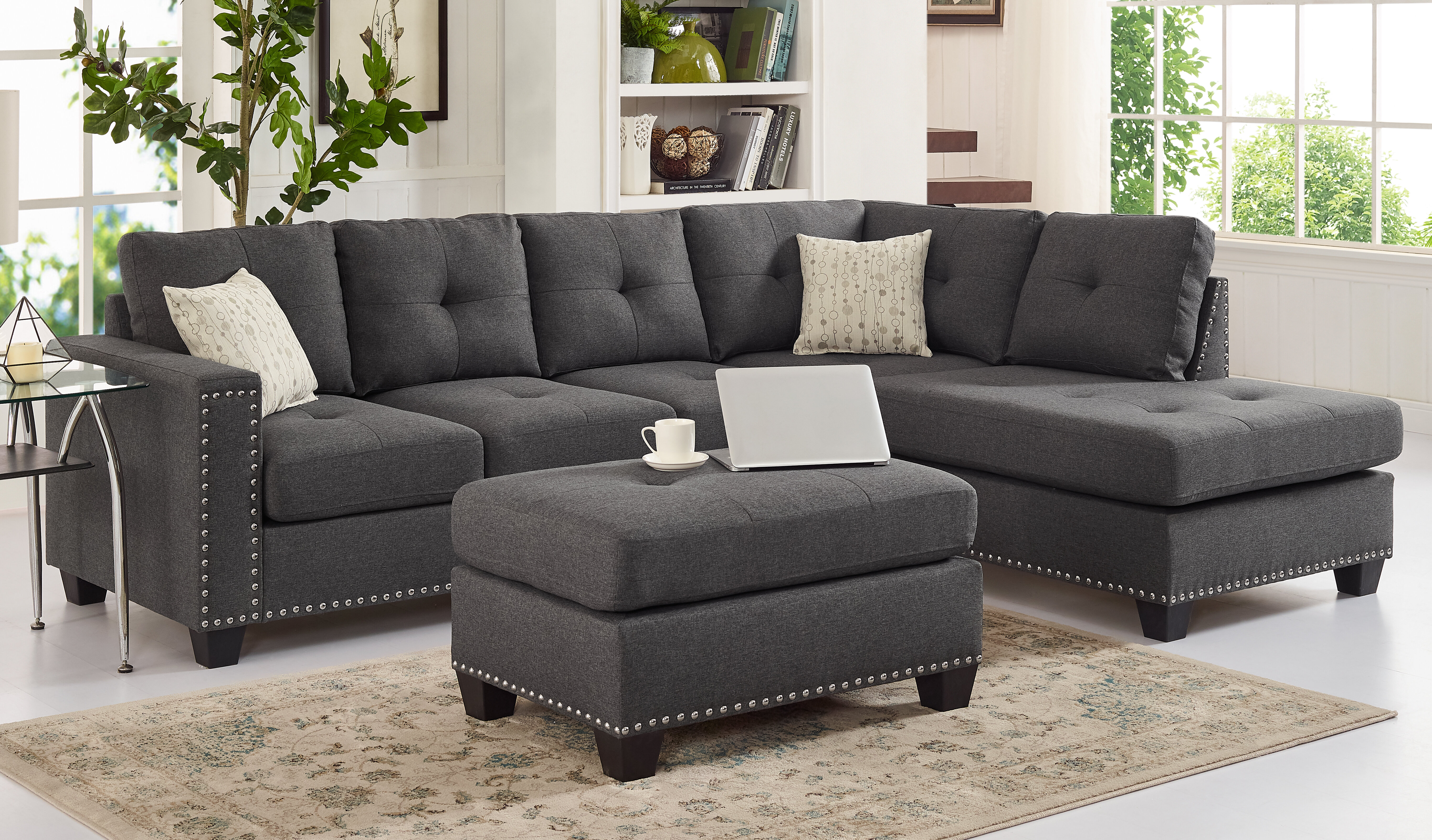 Reginald 105″ Wide Reversible Sofa and Chaise with Ottoman