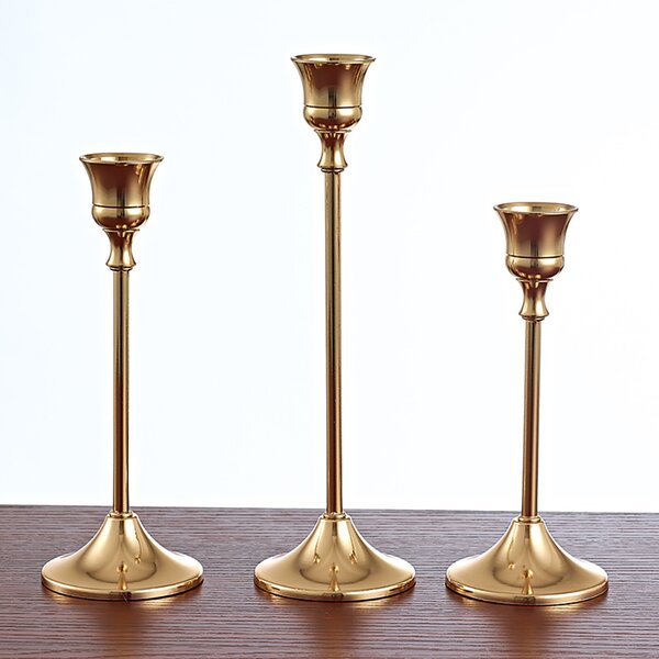 Gold Crystal Candle Holders Set of 3 Gold Pillar Candlesticks for Home Decor Wedding Kitchen Dinner Tabletop Centerpieces Decorative Birthday Candle Gifts NO Assembly Required 