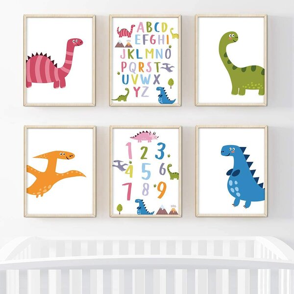 3 Modern Dinosaur Prints Trex Nursery Wall Art Decor Kids Boys Room Pictures 
