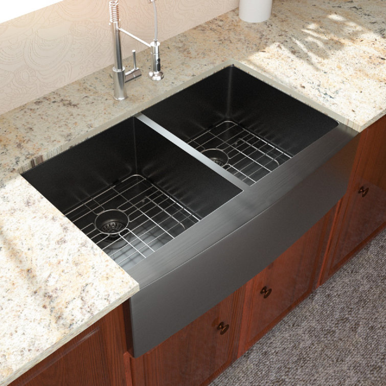 36 Inch Kitchen Sink Apron Front Gunmetal Matte Black 16 Gauge Stainless Steel Double Bowl 50/50 Farm Kitchen Sink