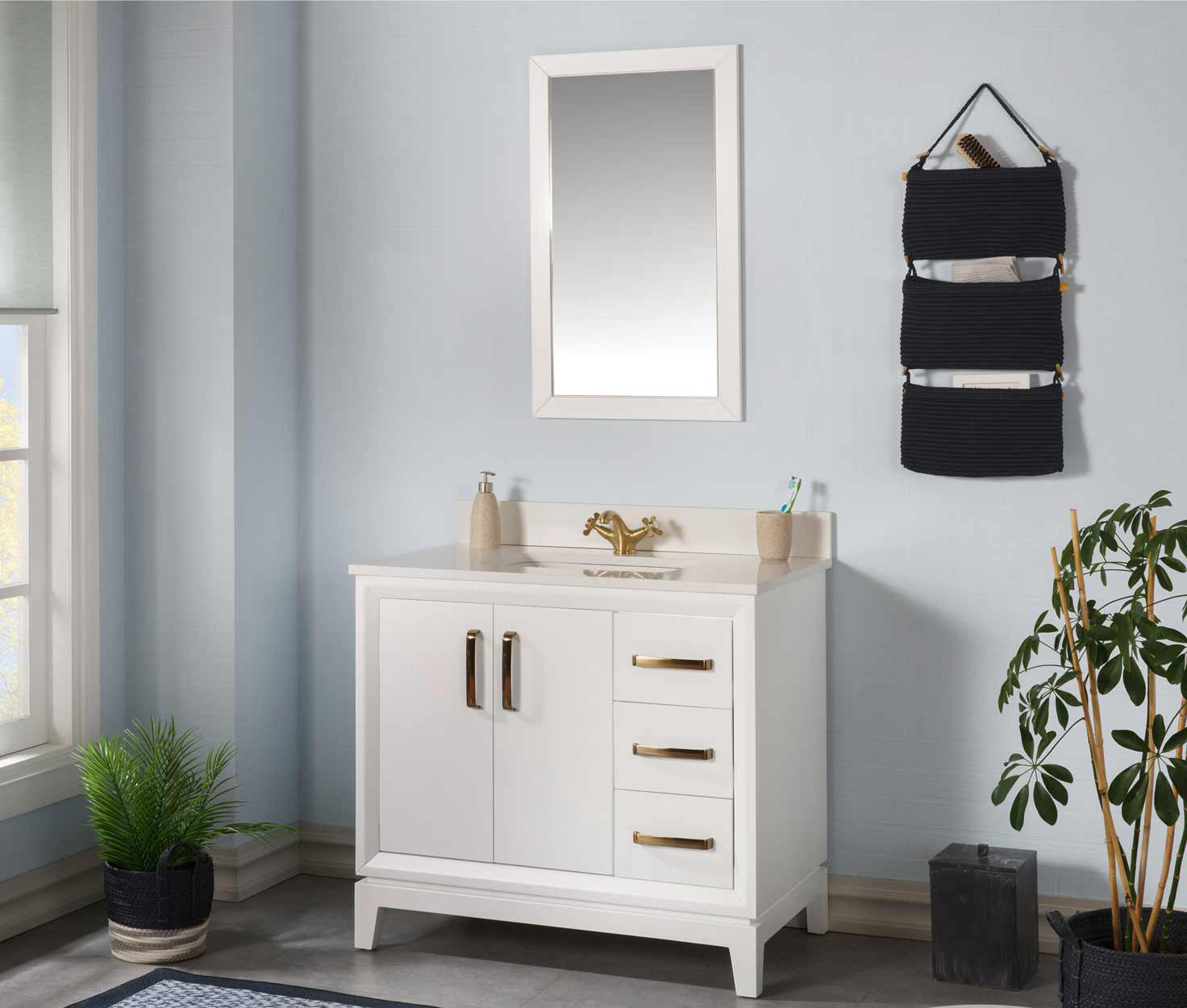 Adorn Vanity Fabia 36'' Freestanding Single Bathroom Vanity with Quartz Vanity Top & Mirror