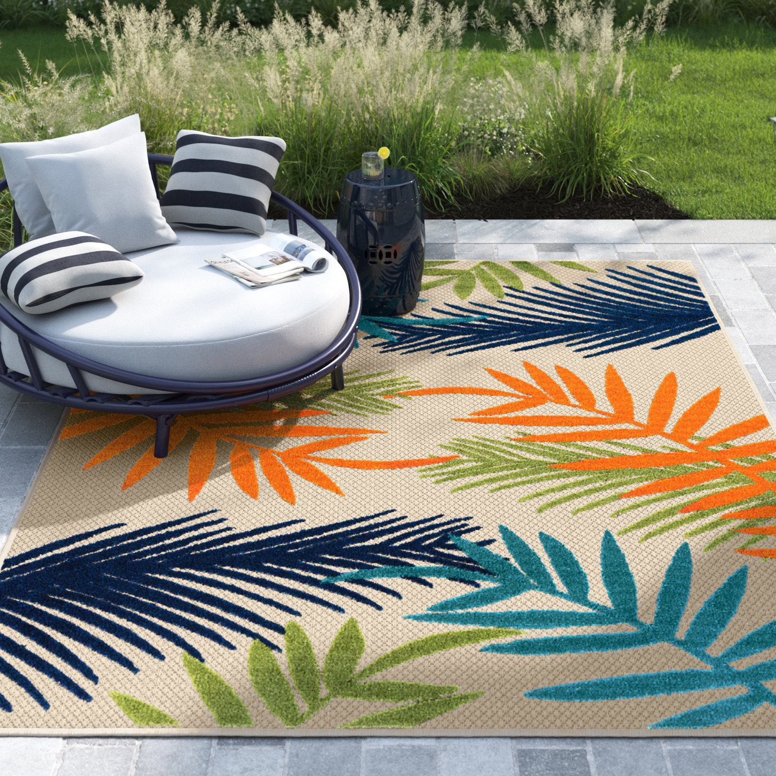 Beachcrest Home Parksley Palm Frond Indoor/Outdoor Area Rug Ivory/Orange/Navy & Reviews Wayfair