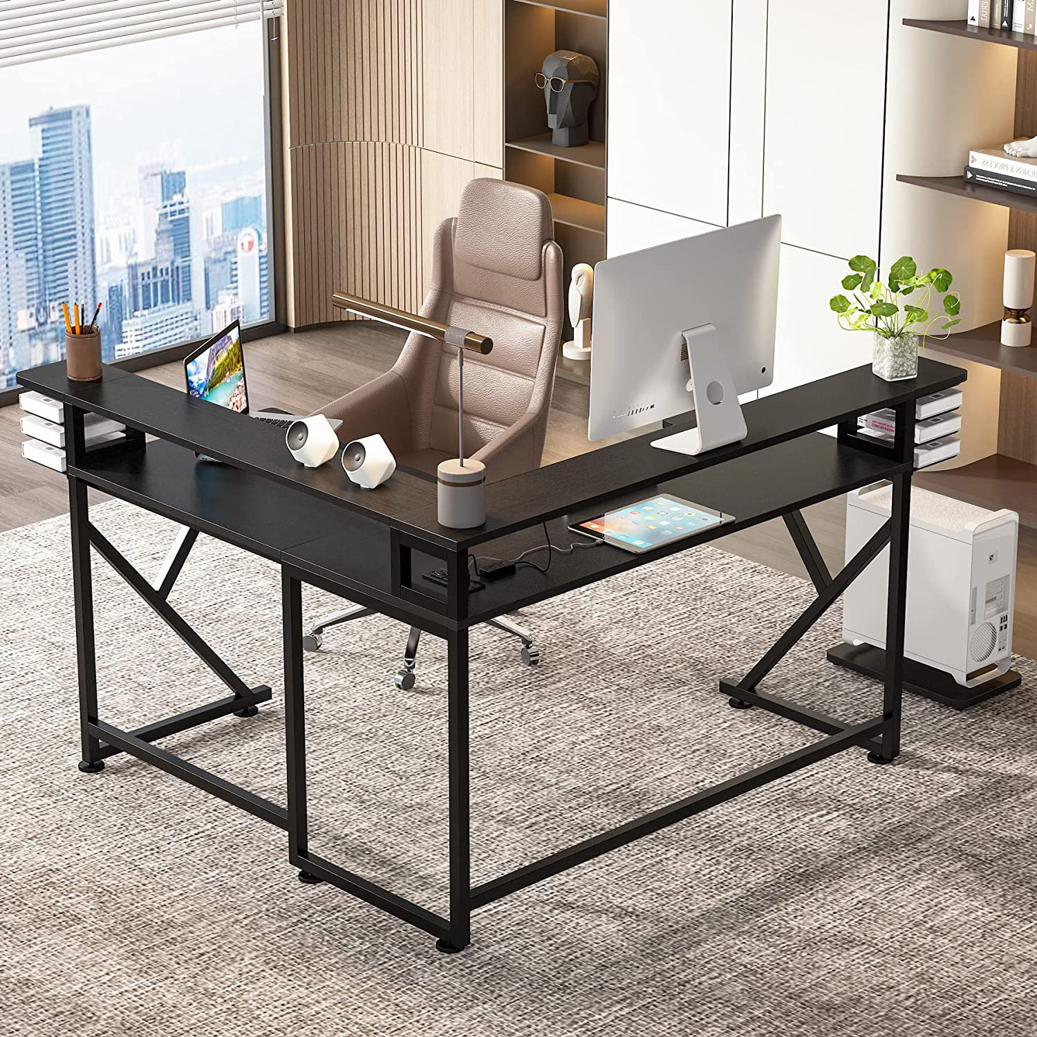 Inbox Zero Karisma LShaped Gaming Desk with Hutch and Built in Outlets