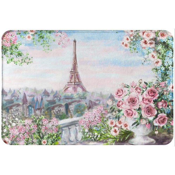 Pink Roses Love Eiffel Tower Non-Slip Home Docor Bathroom Mat Rug Carpet 24x16" 