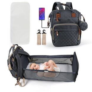 Changing Station,USB Charge Port & Stroller Straps Grey 3 in 1 Diaper Bag Backpack with Extendable Folding Crib Lightweight Large Capacity Nappy Bag for Outdoor Travel Shopping Camping 