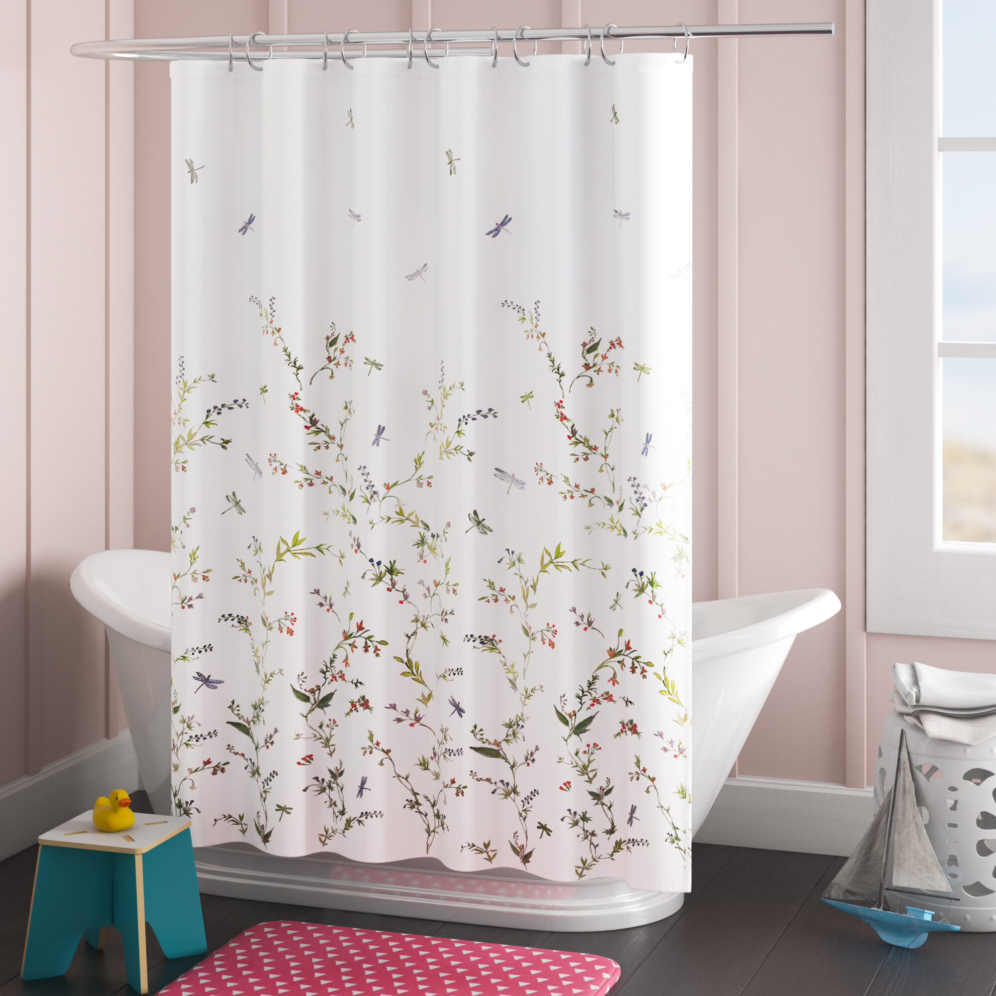 Watercolor Dragonfly On White Bathroom Fabric Shower Curtain With Hooks 71Inches 