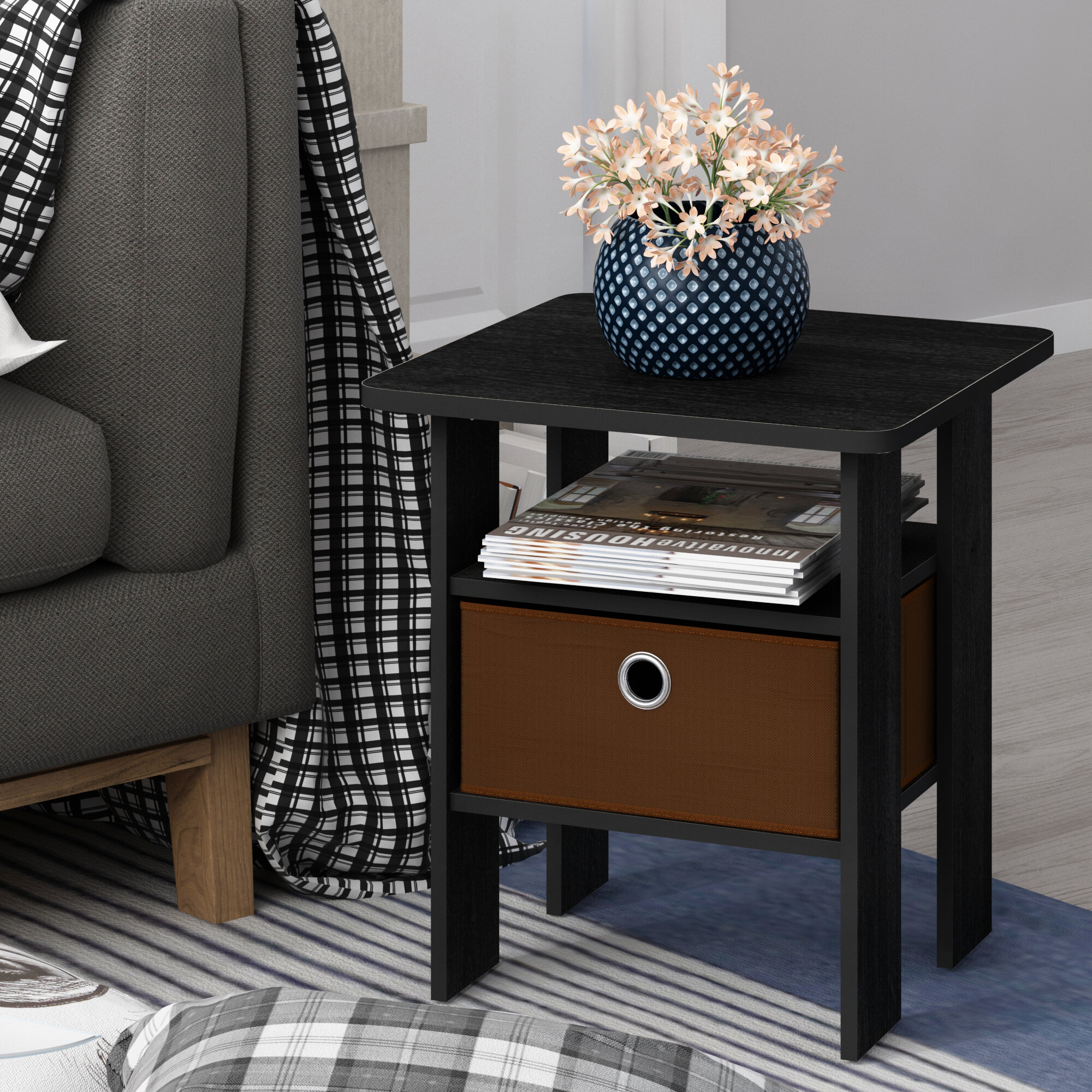 Side table Living Room Modern Farmhouse Black Square end table Nightstand with Floating Shelf Bedside table