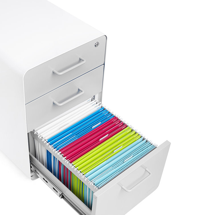 Poppin Slim Stow 3-Drawer Lockable File Cabinet in White & Light Gray