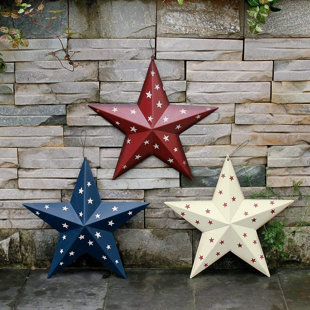 Ornaments 3 Primitive Americana 3.5" Barn Stars White Rustic Blue Red 