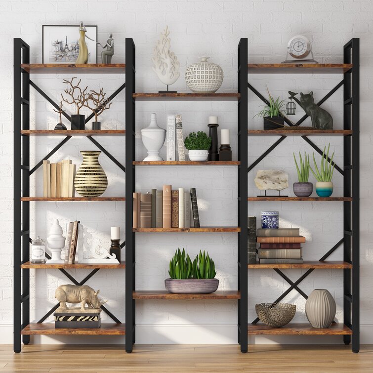 Etagere Bookcase with Cabinet Larger Industrial Style Book Shelf for Bedroom Triple Wide 5 Tier Bookshelf 65L×13W×69.7H Inches Living Room and Office Walnut Brown