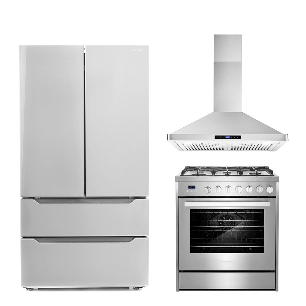 Cosmo 3 Piece Kitchen Appliance Package with French Door Refrigerator , 30'' Gas Freestanding