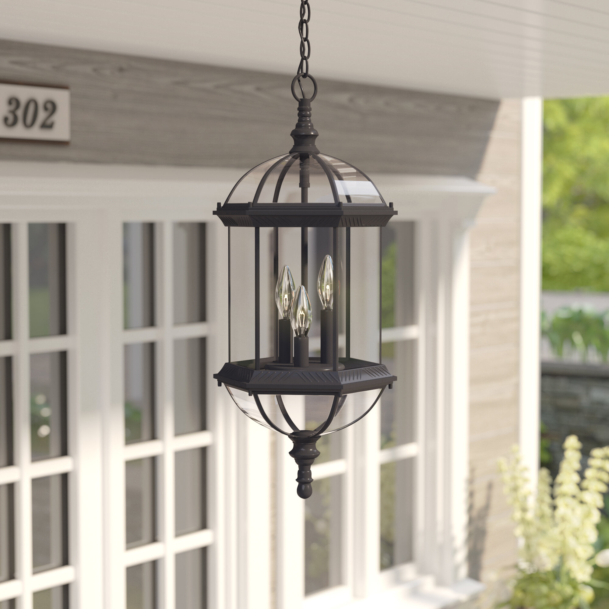 14 inch Exterior Hanging Lantern Light Fixture in Black Finish with Clear Glass Emliviar 1-Light Outdoor Pendant Light 500181-H BK 