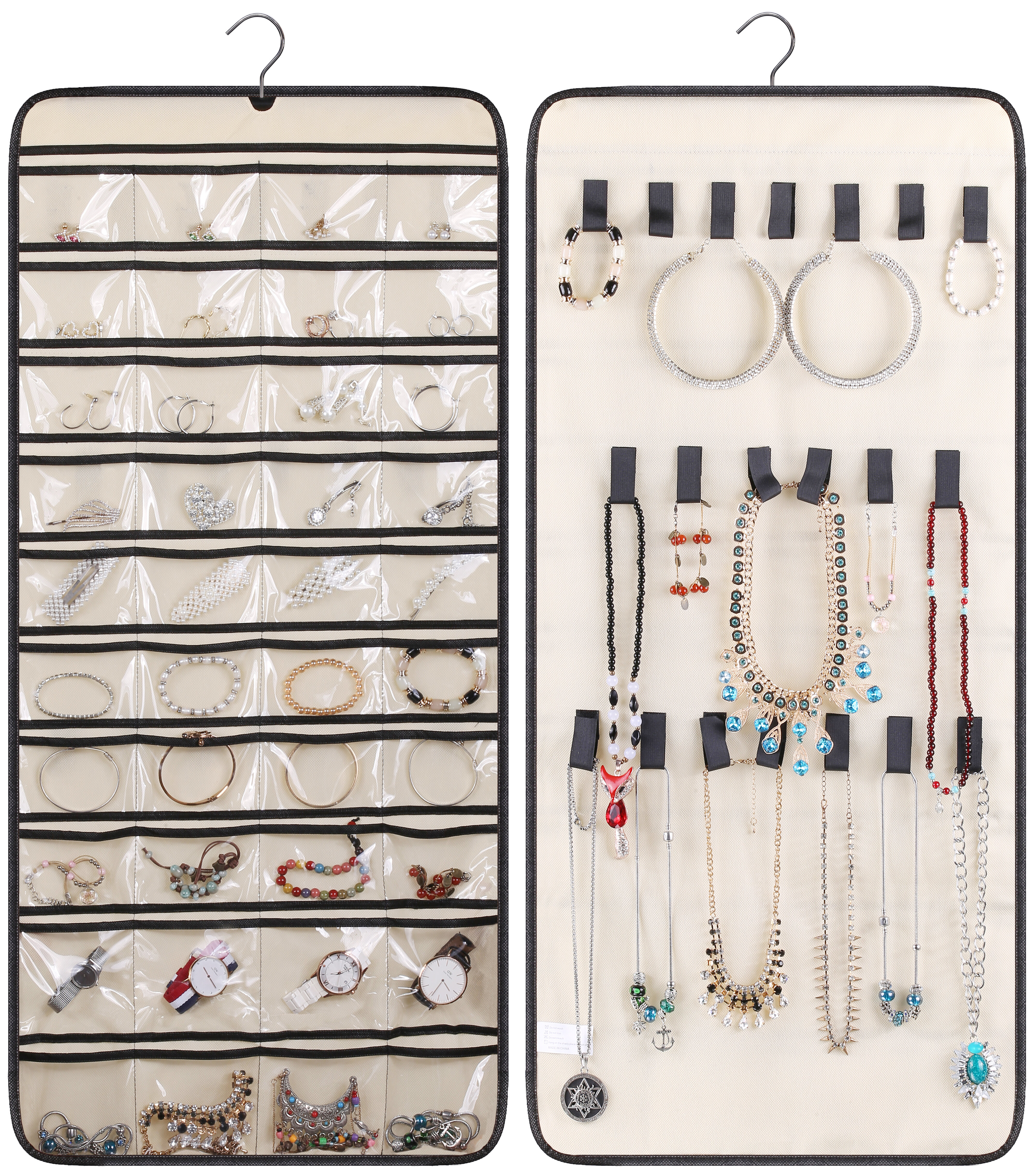 Black Double-Sided Hanging Jewellery Organiser 40 Pockets & 20 Hook-and-Loop Tabs Earrings Necklace Bracelet Wardrobe Storage Organiser Accessory Holder Storage Bag with Hanger 