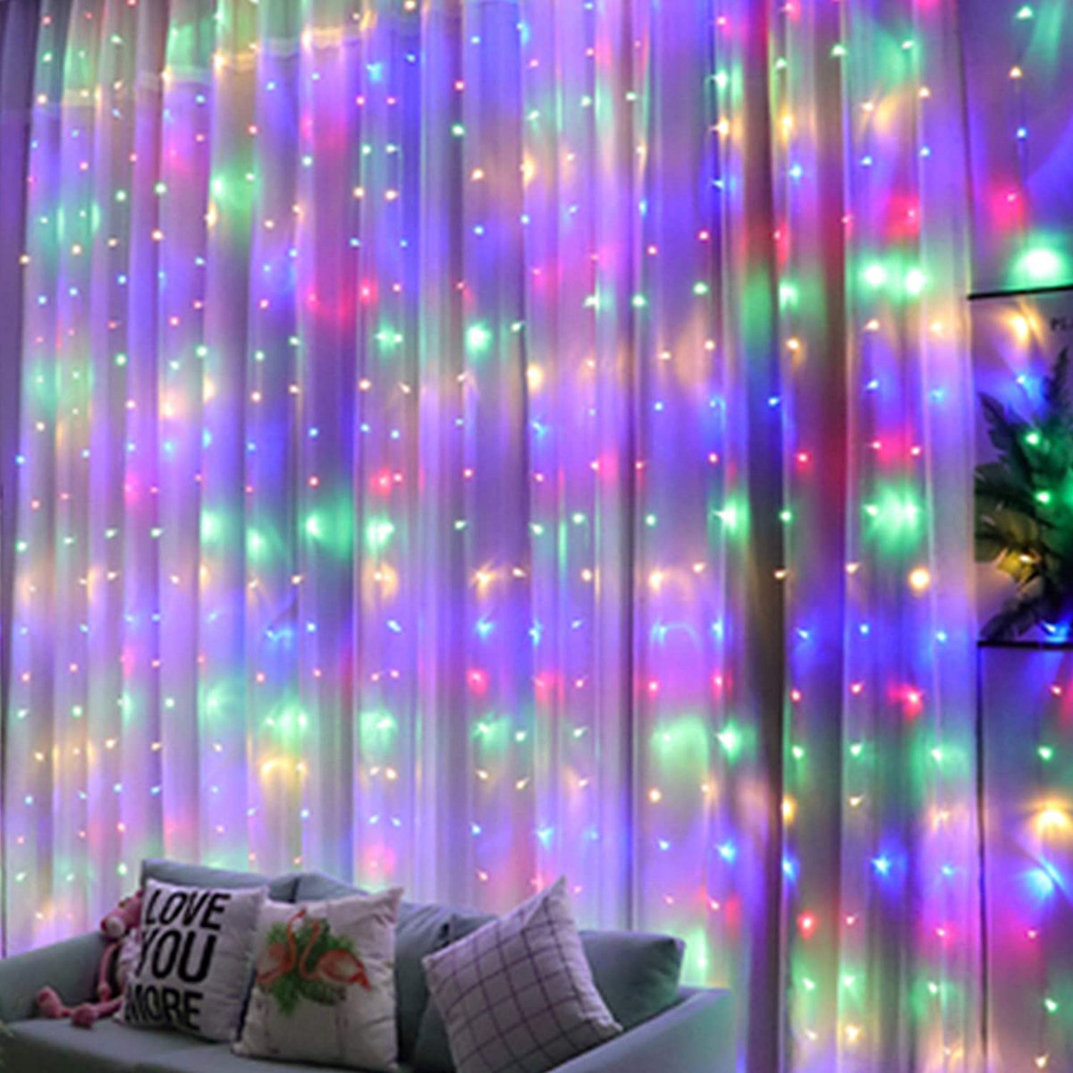 Trinx Window Curtain String Lights 300 LED 8 Modes Fairy Copper USB