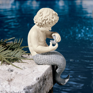 18" Large Mermaid Statue on Rocks with Shell Tail 